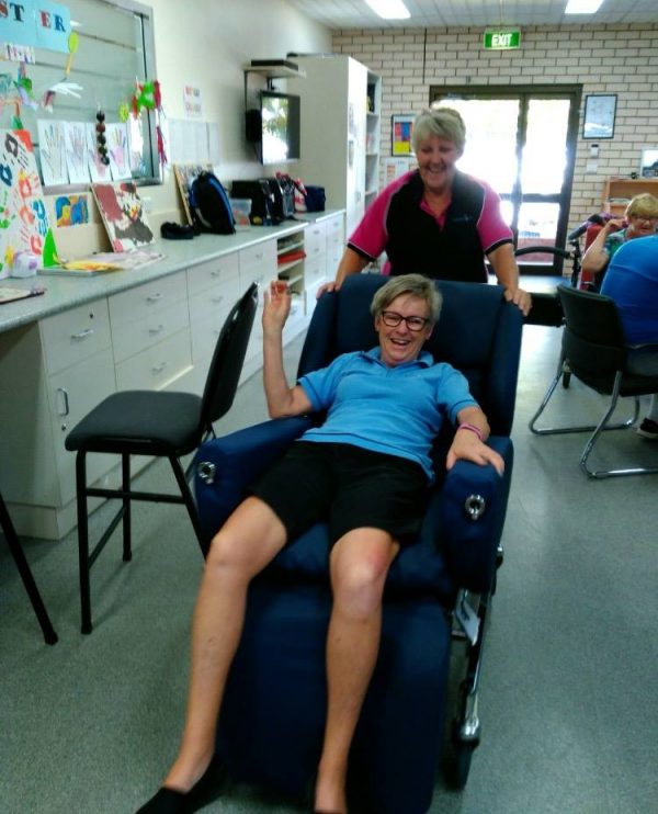 Debbie Hewitt trying out the new care chair with Wendy Clothier